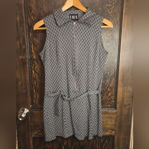 Vntg 90s 60s Mod Light Blue & Brown Diamond Patterned Zip-Up Belted Mini Dress